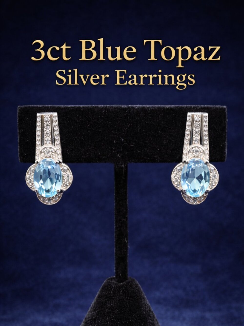 Blue Topaz Silver Earrings 3ct, Oval Topaz Drop Earrings